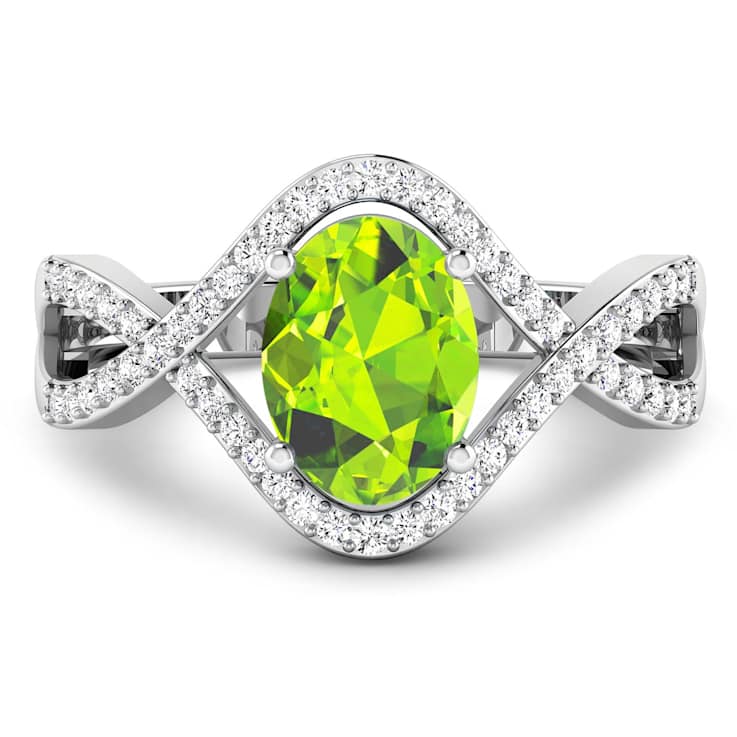 1.29ctw Green Peridot and Diamond 14K White Gold Halo Ring