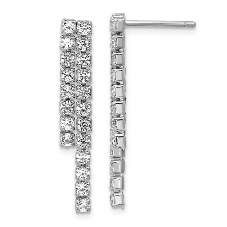 Rhodium Over Sterling Silver Polished 2-Row Cubic Zirconia Post Dangle Earrings