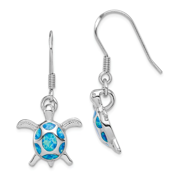 Rhodium Over Sterling Silver Lab Created Opal Turtle Shepherd Hook Earrings