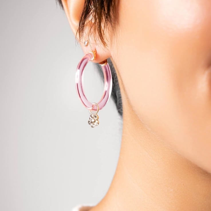 14K Yellow Gold Over Sterling Silver Acrylic Mini Flower Charm Hoop
Earrings in Pink