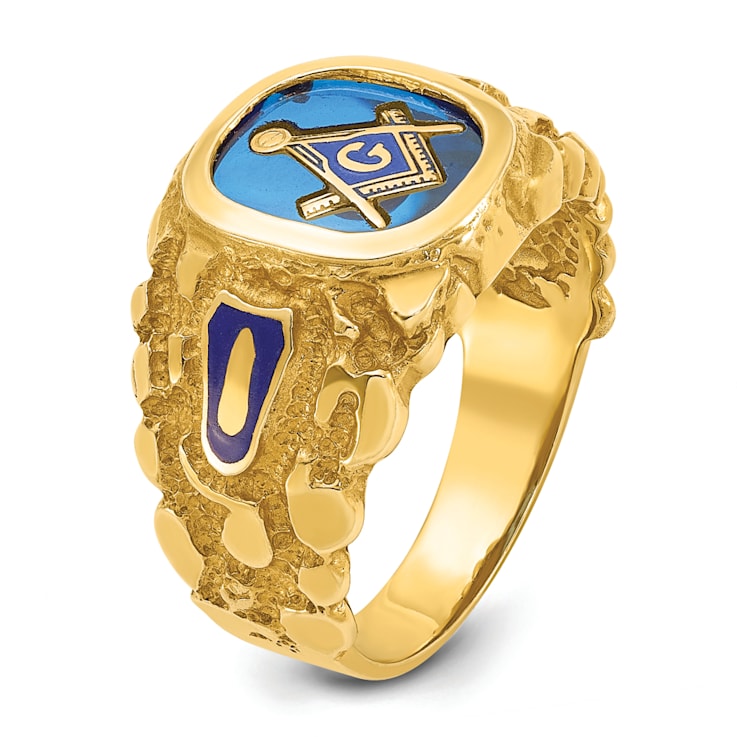 10K Yellow Gold Men's Nugget Texture and Lab Created Sapphire Masonic Ring