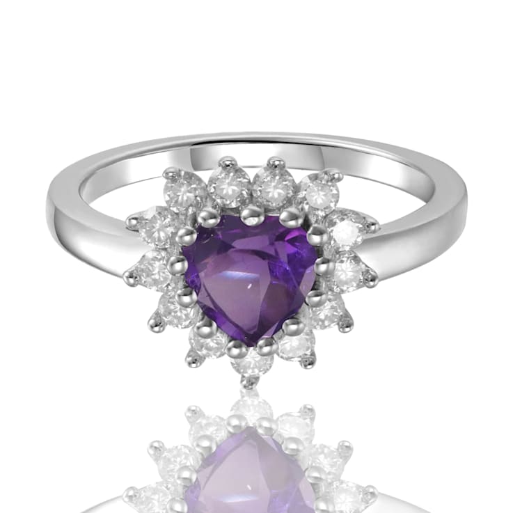 Heart Shape Amethyst with White Topaz Accents Sterling Silver Ring, 1.01ctw