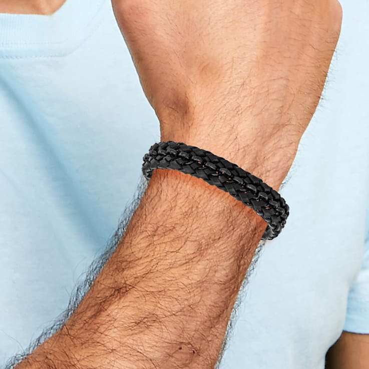 Black Leather and Stainless Steel Polished Black IP-plated with 0.5-inch
Extension Bracelet