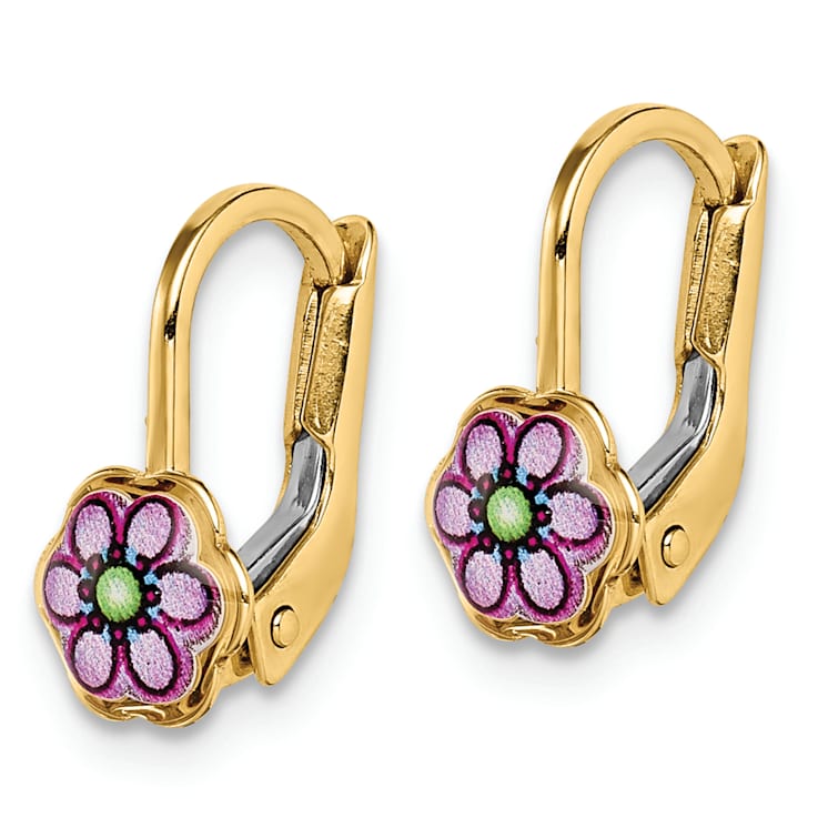 14K Yellow Gold Children's Enamel Flower Leverback Earrings