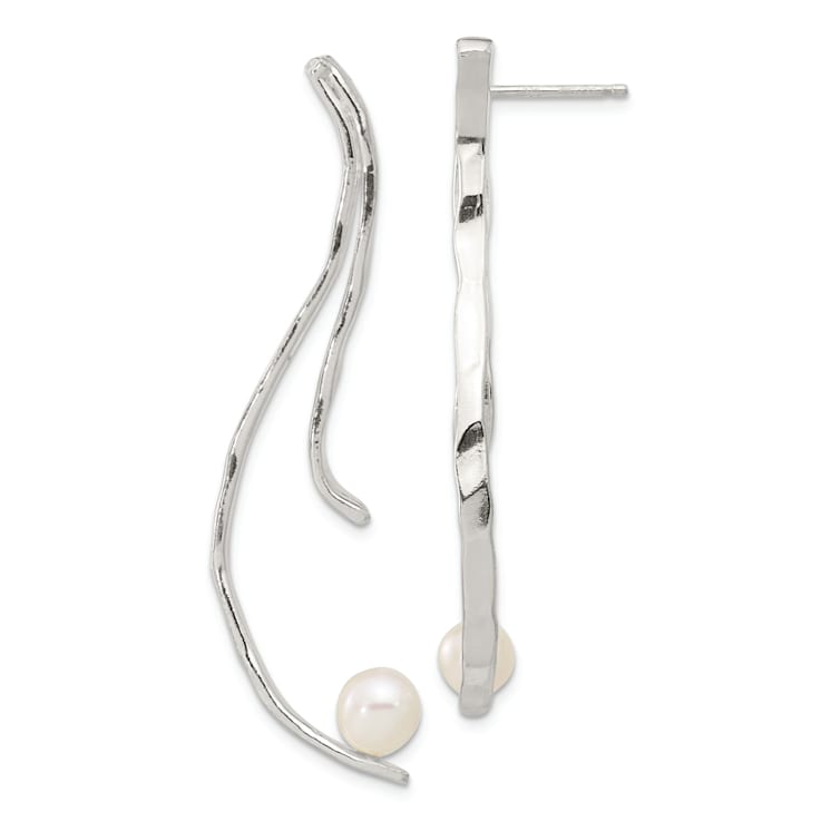 Sterling Silver Polished and Hammered Freshwater Cultured Pearl Post
Dangle Earrings