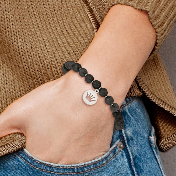 Stainless Steel Polished Crown with Tassel Black Jade Stretch Bracelet