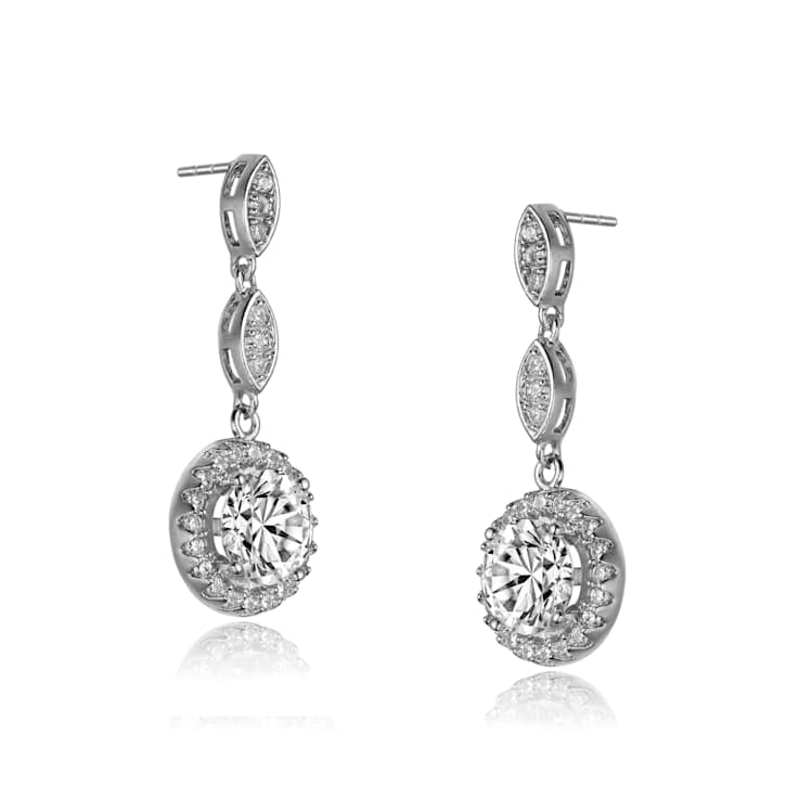 CZ Halo Drop Earrings In Sterling Silver