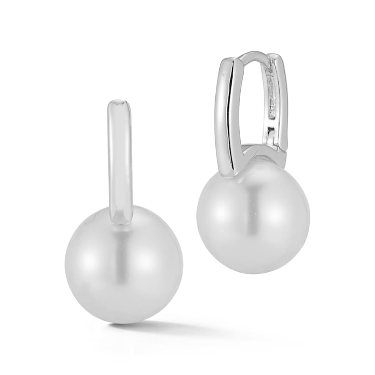 Rachel Zoe Rhodium Over Brass Simulated Pearl Huggie Hoop Drop Earrings