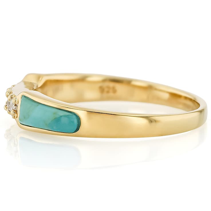 Turquoise Inlay And White Zircon Band Ring In 18K Gold Over Sterling
Silver 0.06ctw