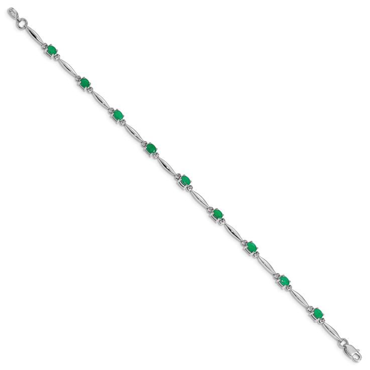 Rhodium Over 10k White Gold Diamond and Emerald Bracelet