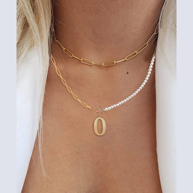 14K Gold Over Brass Initial Pearl Simulant Link Chain Necklace Letter O
