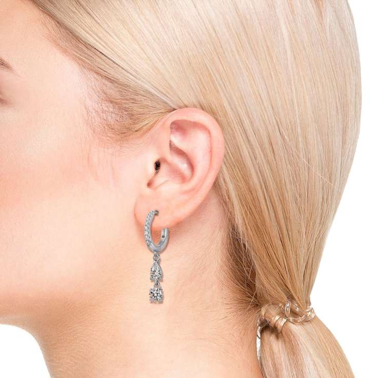 Two-Stone CZ Dangle Huggie Earrings In White Rhodium Over Brass