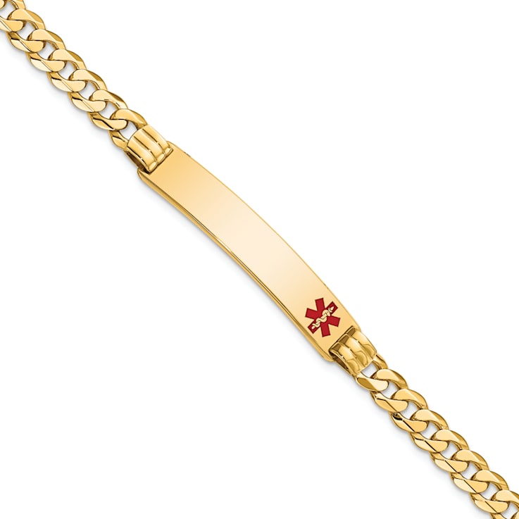 14k Yellow Gold Medical Red Enamel Curb Link ID Bracelet