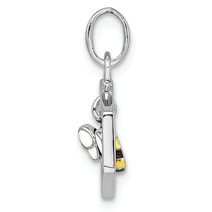 Rhodium Over Sterling Silver Polished Enameled Bee in Hive Children's Pendant
