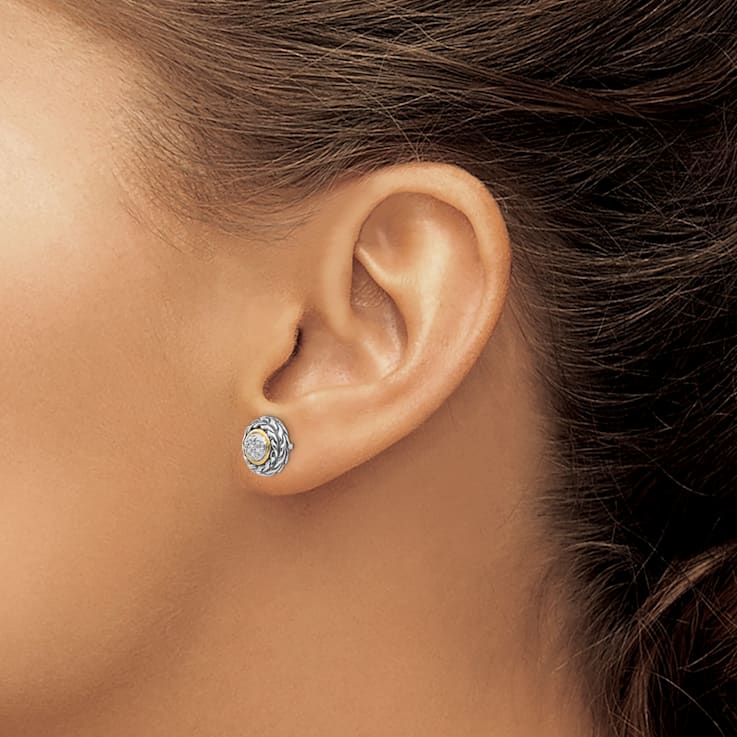 Sterling Silver Antiqued with 14K Accent Diamond Earrings