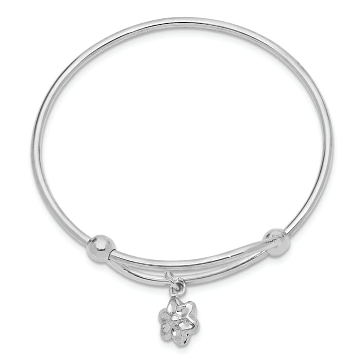 Rhodium Over Sterling Silver Flower Adjustable Baby Bangle
