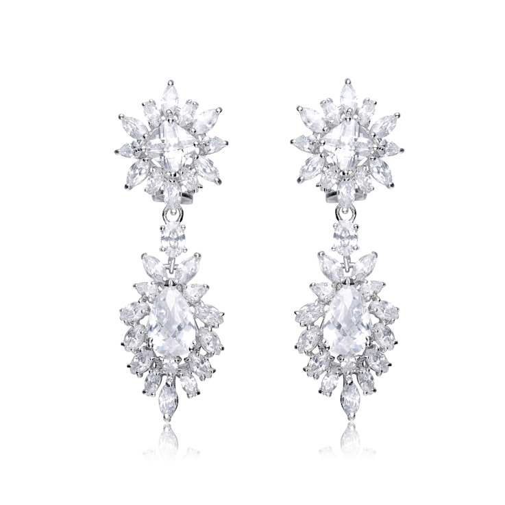 Oval CZ Double Halo Cluster Dangle Earrings In Sterling Silver