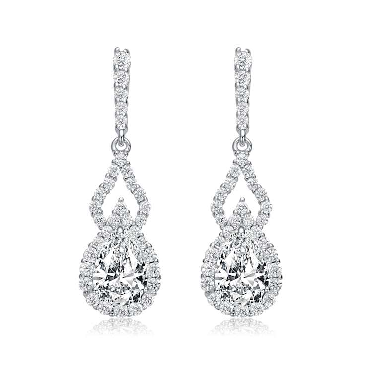 Pear Shape CZ Halo Drop Earrings In Sterling Silver