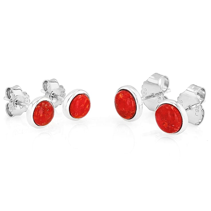 Red Coral Sterling Silver Stud Earring Set Of Two Pairs 5mm And 6mm