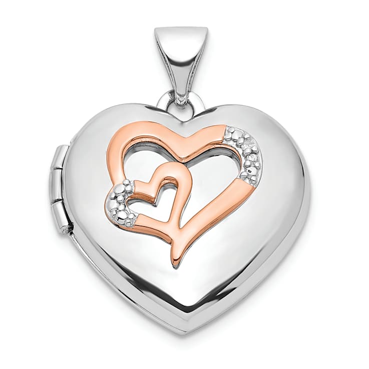 Rhodium Over Sterling Silver Diamond Rose Rhodium Hearts 18mm Locket