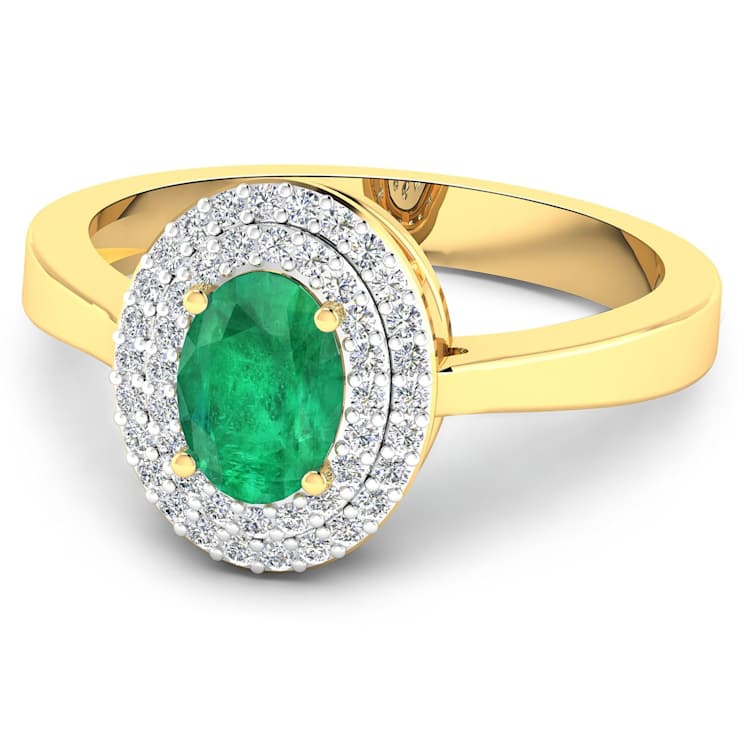0.86ctw Green Emerald and Diamond 14K Yellow Gold Halo Ring