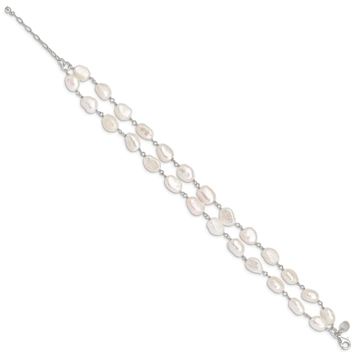 Sterling Silver 2-Strand White Baroque Freshwater Cultured Pearl 8.5in Bracelet