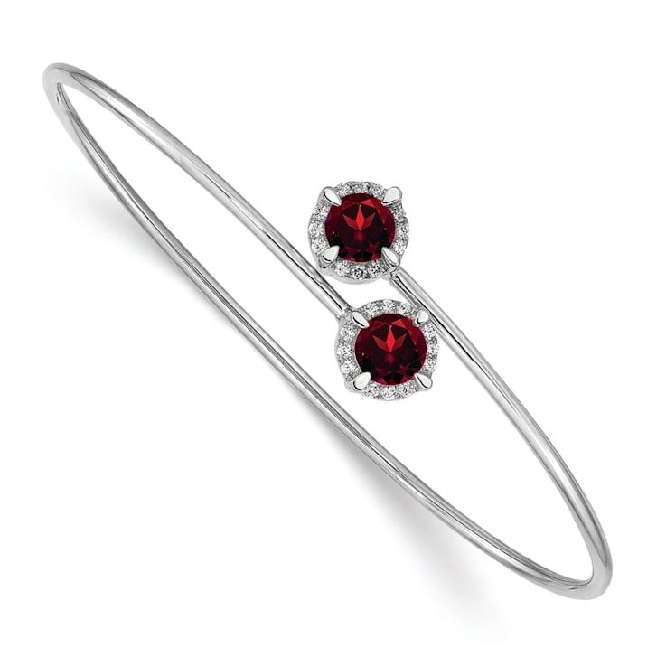 Rhodium Over 14k White Gold Garnet and Diamond Flexible Bangle