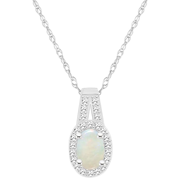 6x4mm Oval Opal 1/8 ctw Diamond Rhodium Over Sterling Silver Halo
Pendant with Chain
