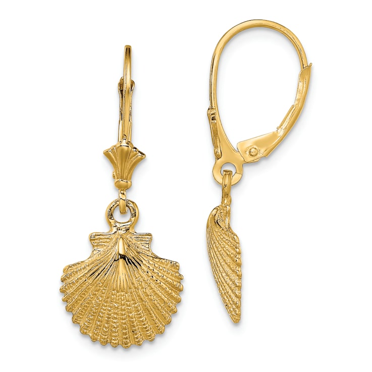 14k Yellow Gold 2D and Textured Scallop Shell Dangle Earrings