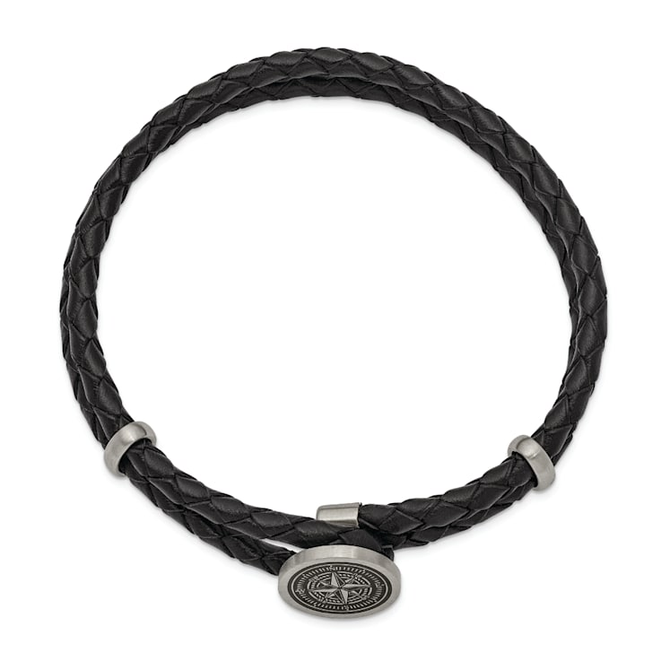 Black Leather and Stainless Steel Brushed Compass 8.5-inch Bracelet