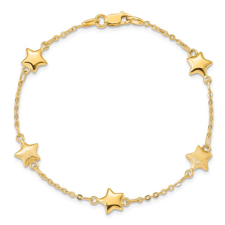 14k Yellow Gold Textured Brushed and Polished Stars Link Bracelet