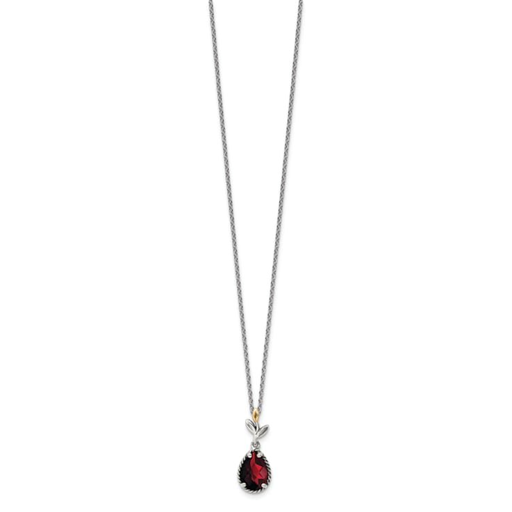 Sterling Silver with 14K Accent Antiqued Leaf Garnet with 2-inch
Extension Necklace