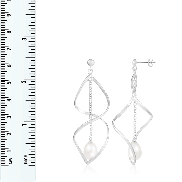 8-9mm White Cultured Freshwater Pearl Rhodium Over Sterling Silver Earrings