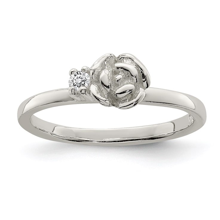 Rhodium Over Sterling Silver Clear CZ Rose Kid's Ring