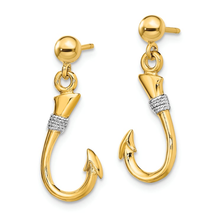 14k Yellow Gold and Rhodium Over 14k Yellow Gold 3D Fish Hook with Rope
Dangle Earrings