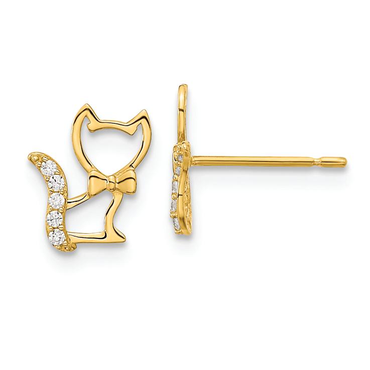 14k Yellow Gold Children's Kitten with Cubic Zirconia Tail Stud Earrings