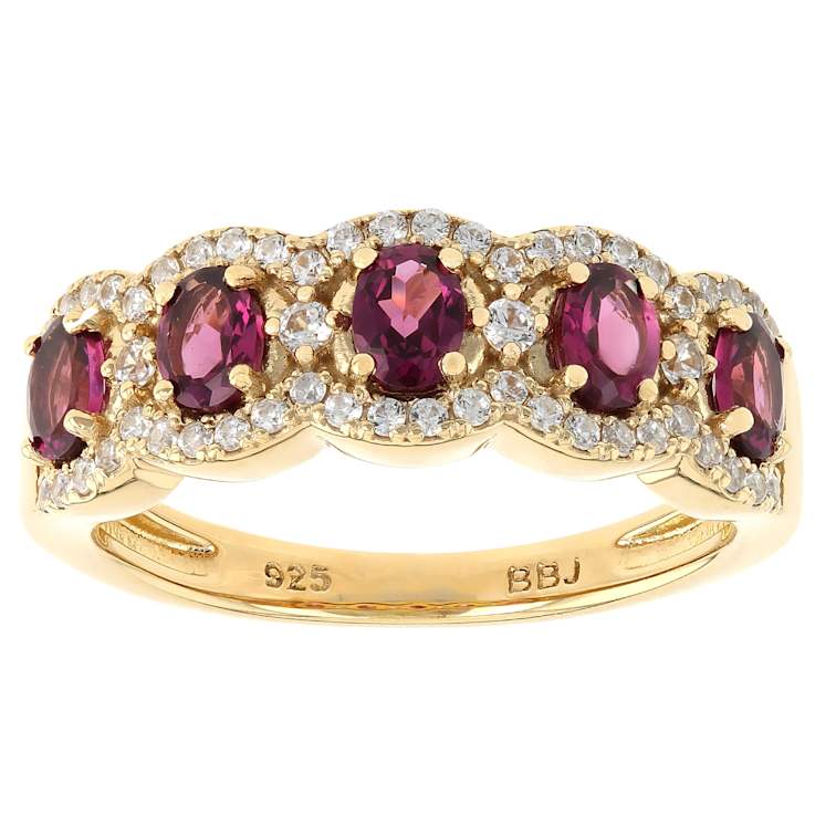 Grape Color Garnet Oval And White Zircon Ring In 18K Gold Over Sterling
Silver 1.15ctw