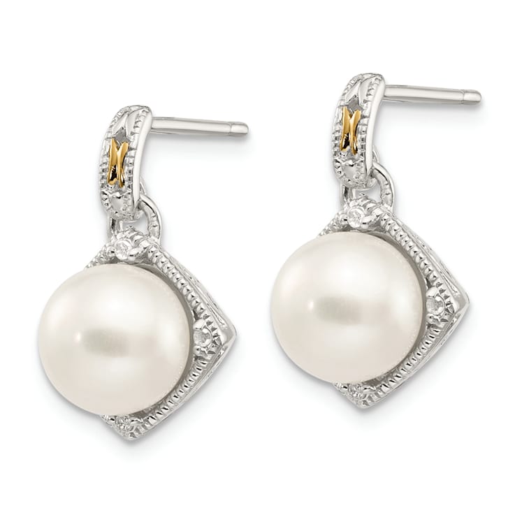 Sterling Silver Rhodium-plated with 14K Accent Freshwater Cultured Pearl
and Diamond Post Earrings