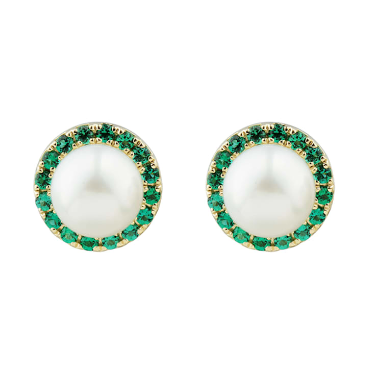 7-7.5mm Round White Freshwater Pearl and Emerald 10K Yellow Gold Halo
Stud Earrings
