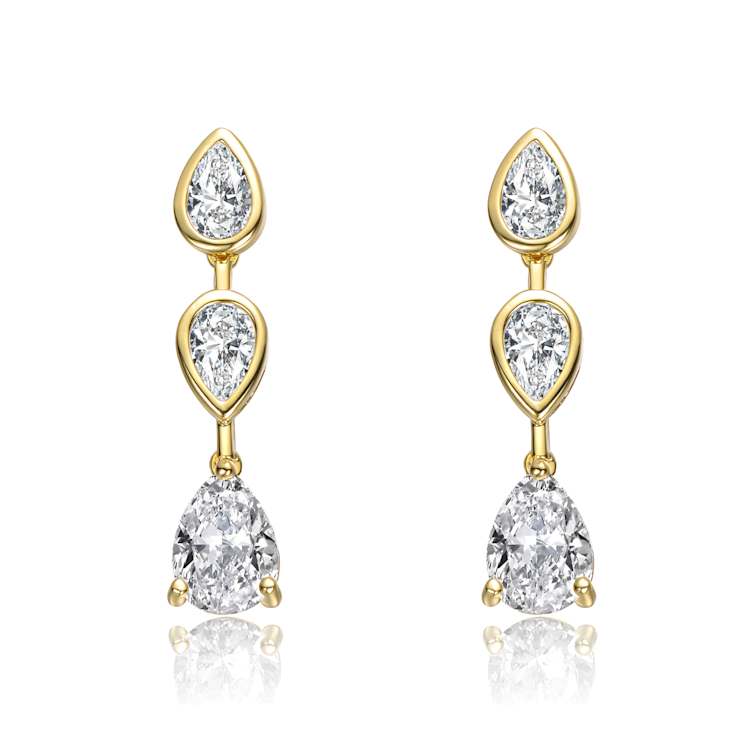Pear Shape CZ Three-Stone Drop Earrings In 14K Gold Over Sterling Silver