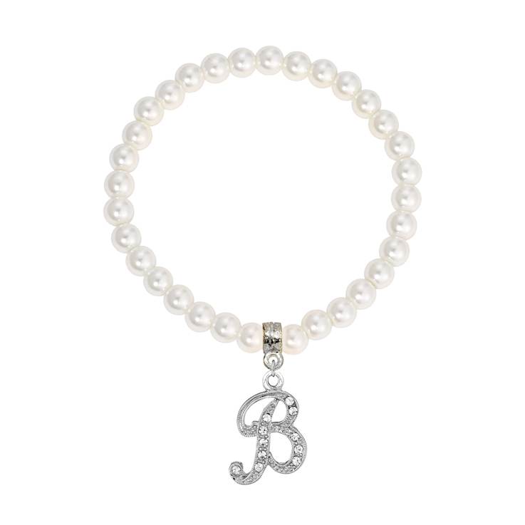 White Faux Pearl Bead Initial Charm Stretch Bracelet