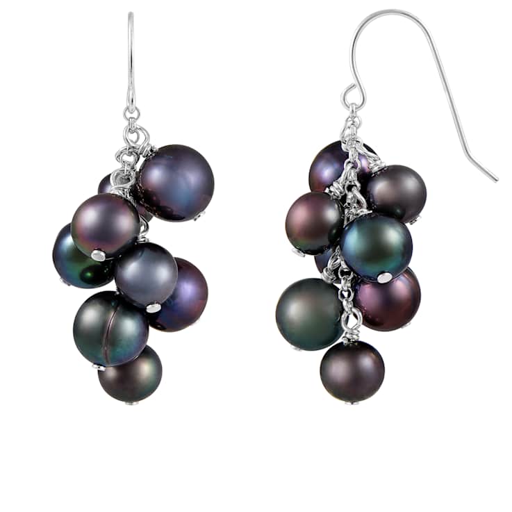 6-10mm Black Cultured Freshwater Pearl Rhodium Over Sterling Silver Earrings