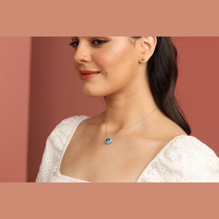 Blue Topaz 4.2ct Heart Shape Pendant Necklace, Matching Enamel Bezel Setting