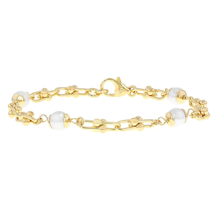 Pearl Simulants And Stirrup Link Bracelet In 18K Gold Over Bronze