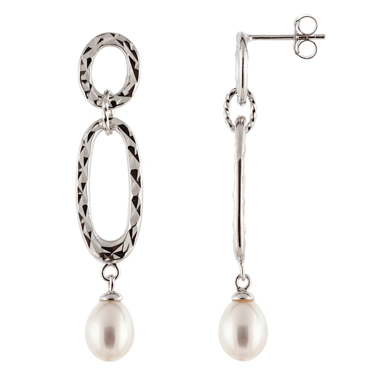 7-8mm white cultured freshwater pearl rhodium over sterling silver earrings