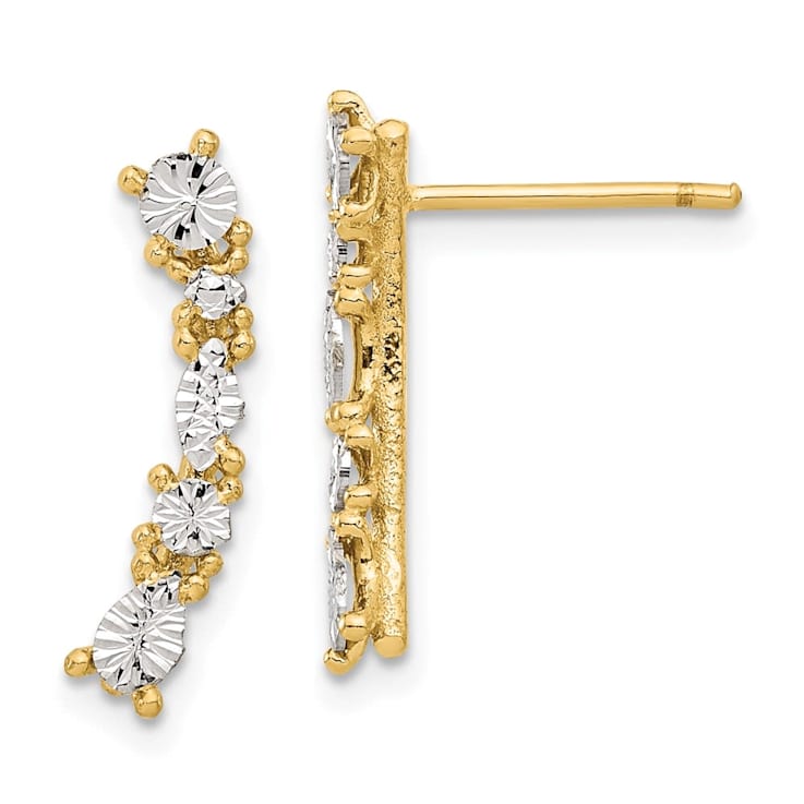 14K Yellow Gold with White Rhodium Polished and Diamond-cut Post Earrings
