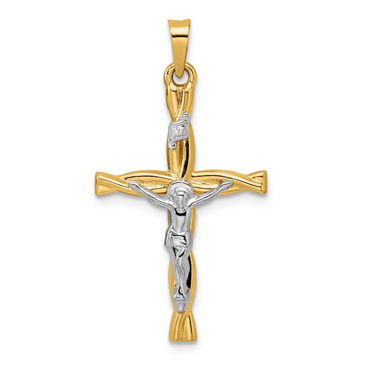 14k Two-tone Gold  Polished INRI Crucifix Twisted Cross Pendant