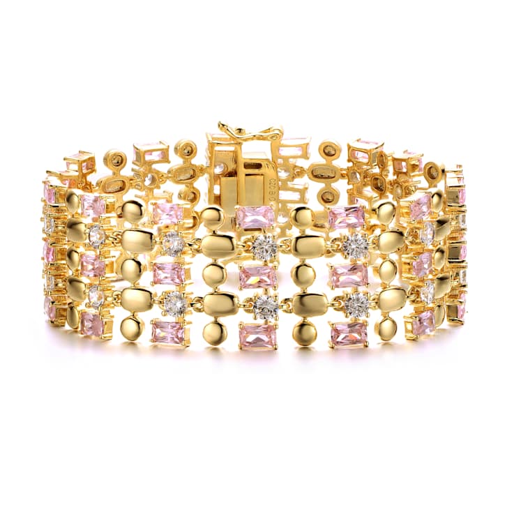 Pink CZ Wide Geometric Mesh Link Bracelet In 14K Gold Over Brass