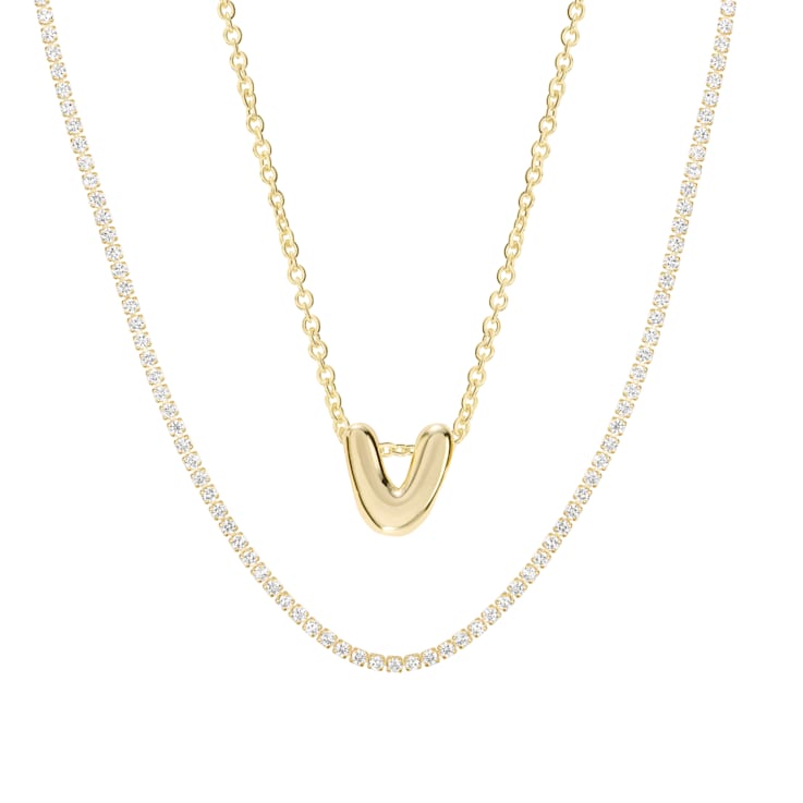 CZ Initial V Tennis Necklace And Pendant Set In 14K Gold Over Brass 4.05ctw