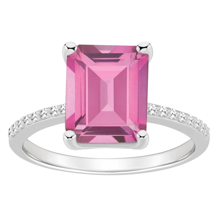 10x8mm Emerald Cut Pink Topaz and 1/10 ctw Diamond Rhodium Over Sterling
Silver Ring